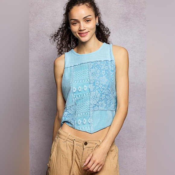 POL Tops - POL Ribbed Round Neck Cropped Tank with Lace Detail